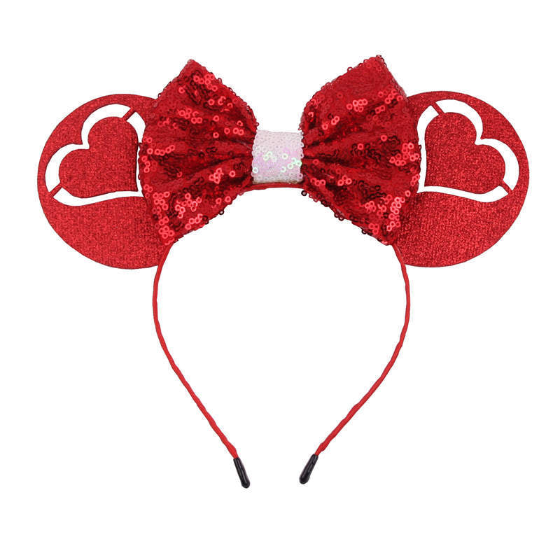 Sequin Valentine Mouse Ears Headband Glitter Hair Clasp Adults Women Red Love Heart Hair Hoop Birthday Party Holiday Park Photo Supply