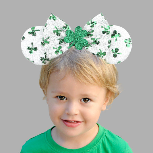 St. Patrick's holiday hair ornament sequin bow Mickey headband four-leaf clover holiday dress up tiara