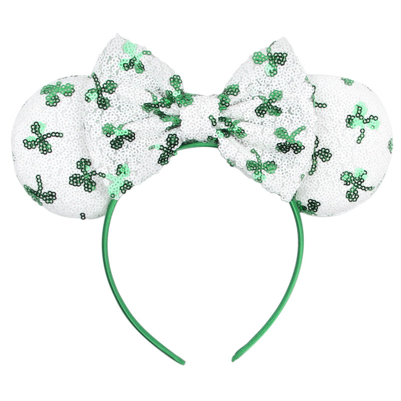 St. Patrick's holiday hair ornament sequin bow Mickey headband four-leaf clover holiday dress up tiara