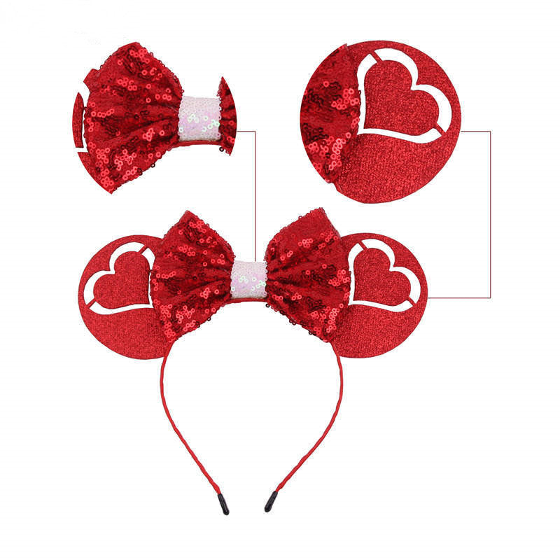 Sequin Valentine Mouse Ears Headband Glitter Hair Clasp Adults Women Red Love Heart Hair Hoop Birthday Party Holiday Park Photo Supply