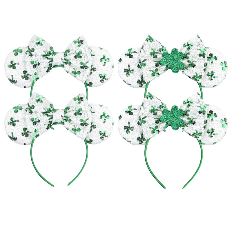 St. Patrick's holiday hair ornament sequin bow Mickey headband four-leaf clover holiday dress up tiara