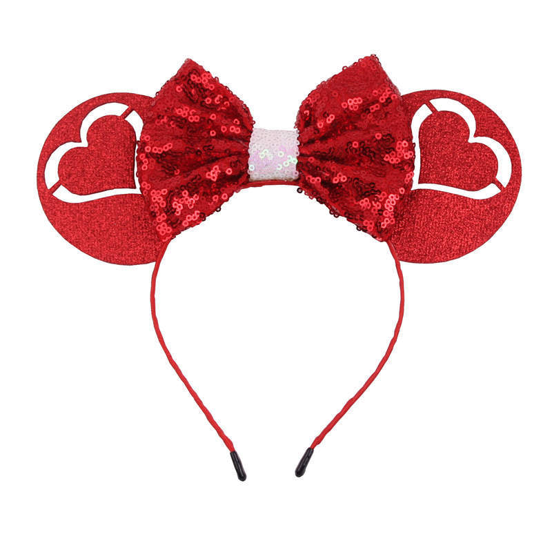 Sequin Valentine Mouse Ears Headband Glitter Hair Clasp Adults Women Red Love Heart Hair Hoop Birthday Party Holiday Park Photo Supply