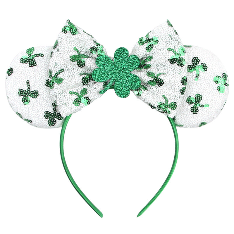 St. Patrick's holiday hair ornament sequin bow Mickey headband four-leaf clover holiday dress up tiara