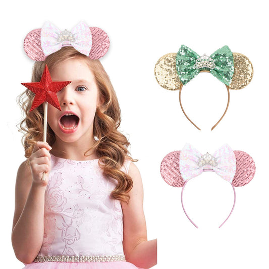 Mouse Ears Bow Headbands, Glitter Party Silver Iridescent Princess Decoration Cosplay Costume for Girls & Women